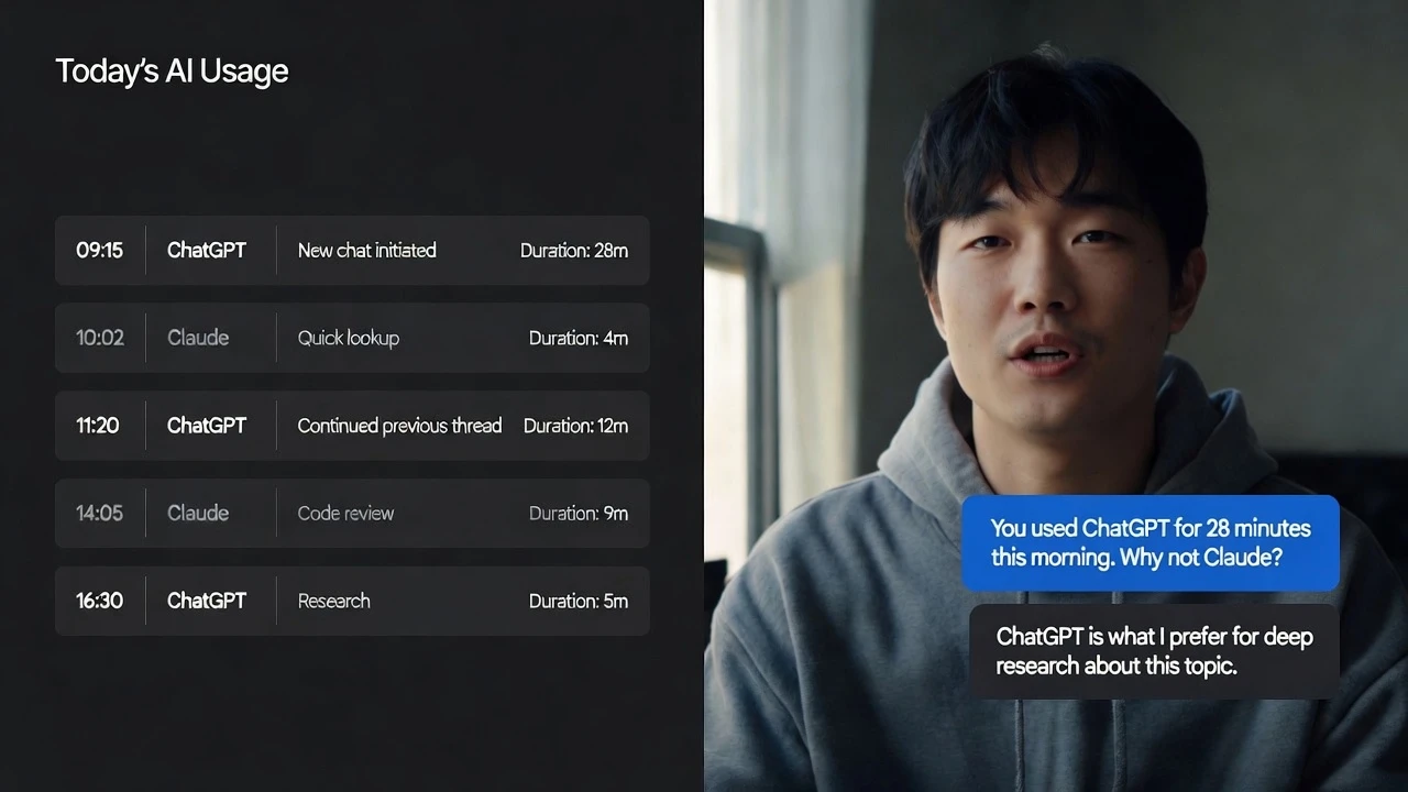 Verified AI usage log beside the same person being interviewed about it